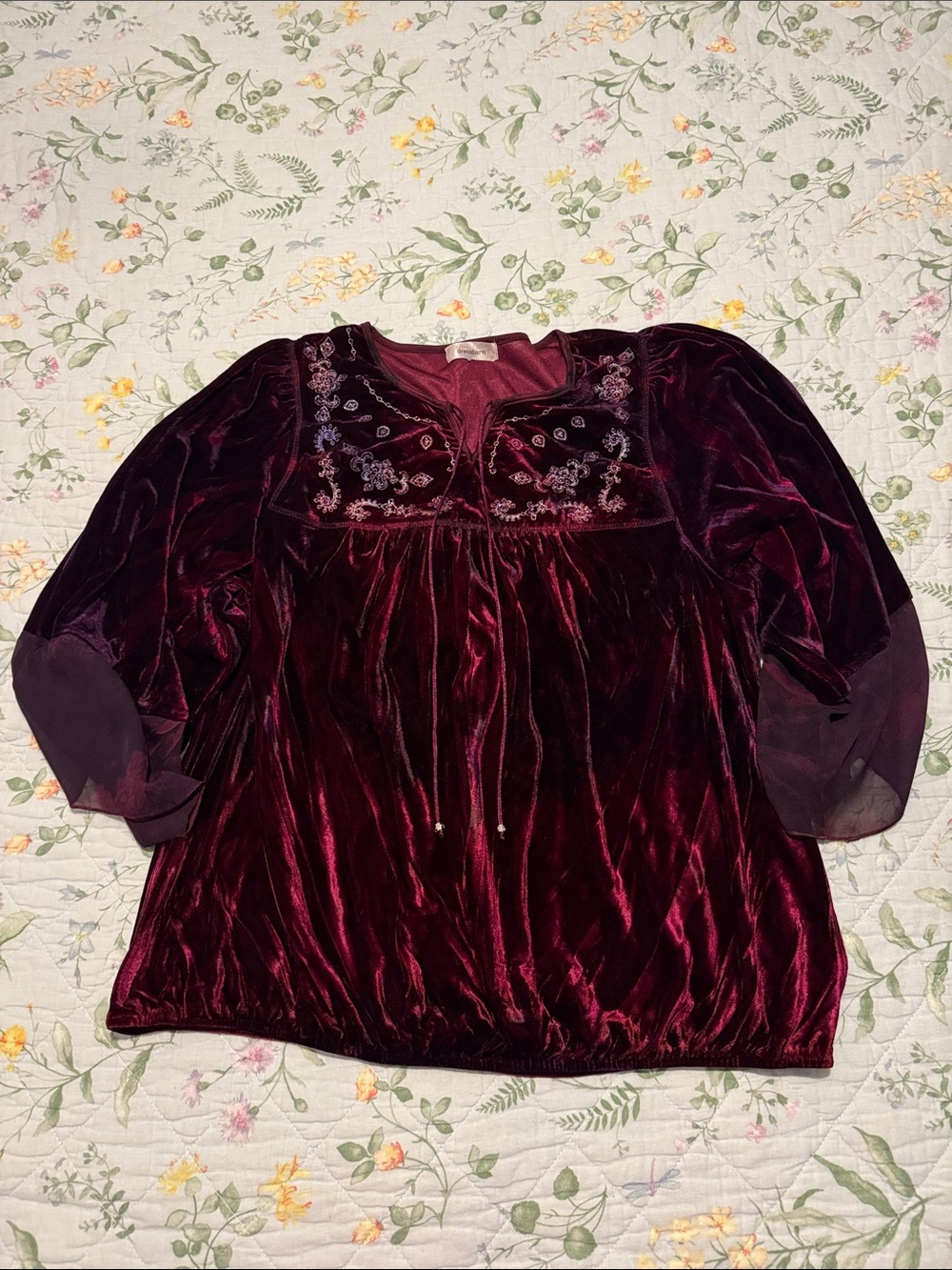 Velvet Peasant Top Renaissance Whimsygoth 1X Burgundy Embroidered Feminine 90's